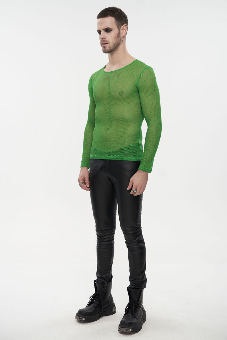 Green Elasticity High Neck Long Sleeve Mesh Men's Gothic T-Shirt - Product - 3