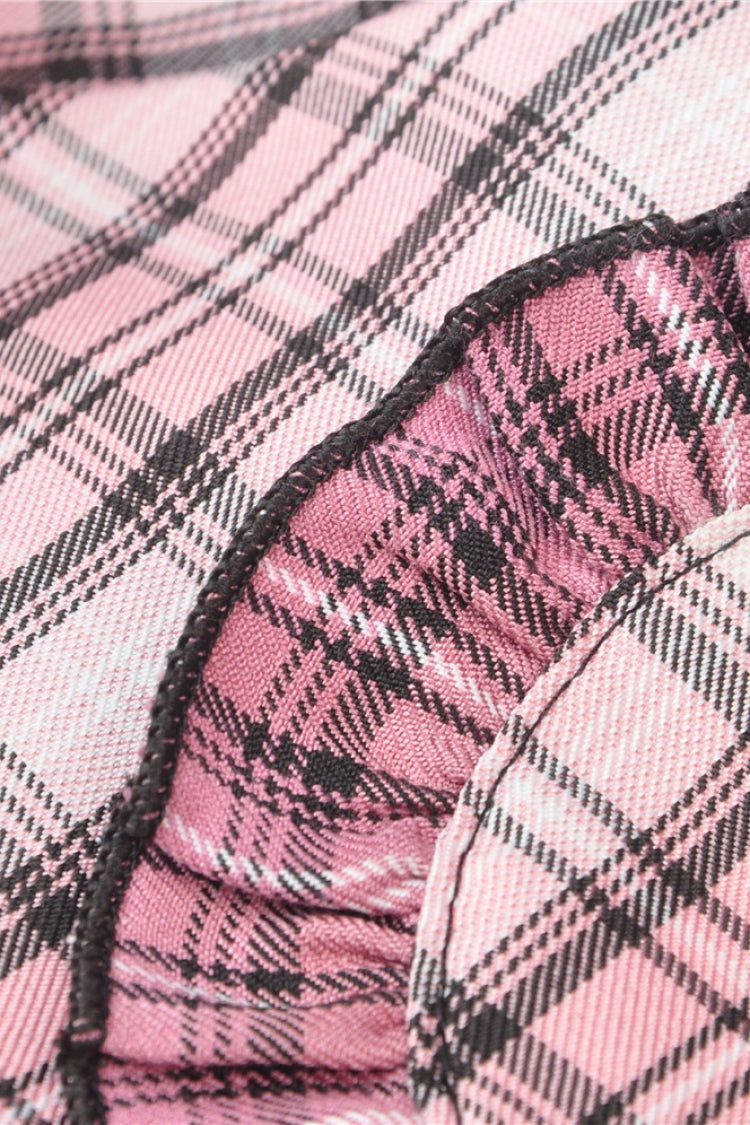 Pink Rock Heart Plaid Double-Layered Ruffled Women's Lolita Mini Skirt with Lace Hem - Product - 16