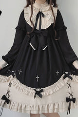 Black Round Collar Chest Bow Cross Print Ruffled Sweet Lolita Op Dress - Product - 4