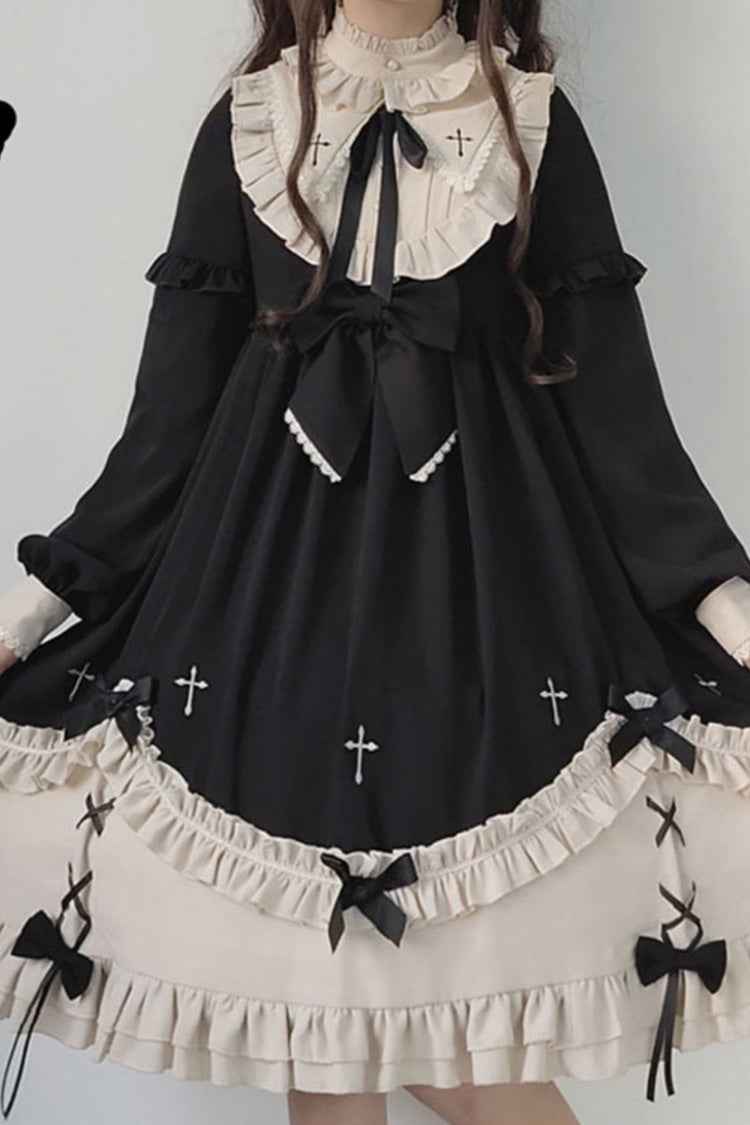 Black Round Collar Chest Bow Cross Print Ruffled Sweet Lolita Op Dress - Product - 4