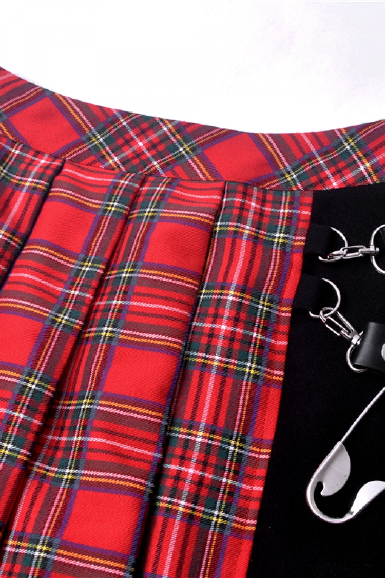 Red Irregular Plaid Pleated Women's Punk Hem Skirt - Product - 14