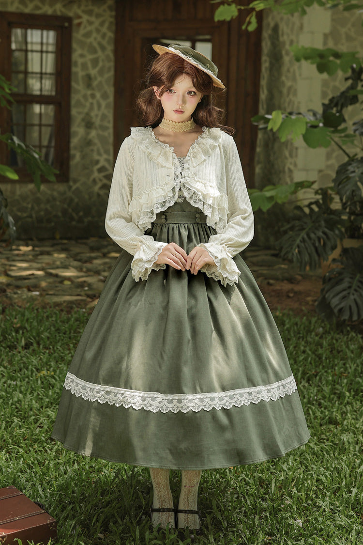 [The Oak Tree in the Wind] Square Collar Sleeveless Jacquard Embroidered Lace Classic Elegant Lolita Jsk Dress 2 Colors (Black, Green) - Product - 15