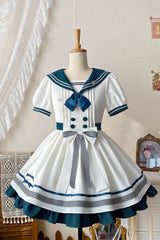 White/Green Navy Collar Short Sleeves Ruffle Bowknot Sweet Lolita Dress - White/Green - 1