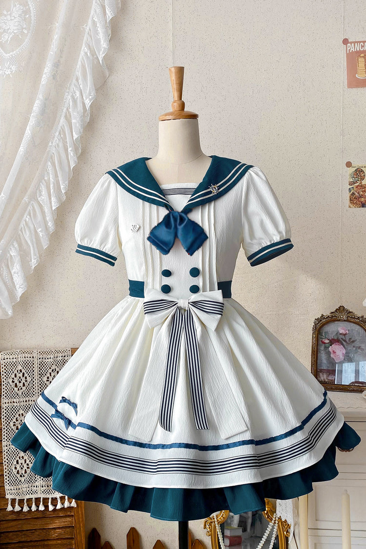 White/Green Navy Collar Short Sleeves Ruffle Bowknot Sweet Lolita Dress - White/Green - 1