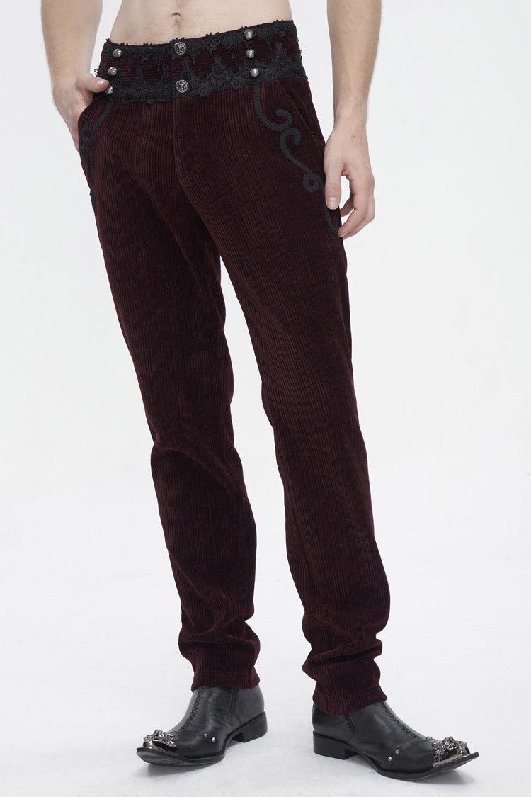 Red High Waisted Lace Splice Men's Gothic Pants - Product - 2