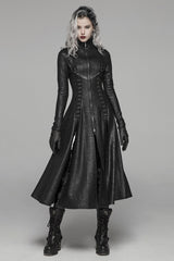 Black Stand Collar Long Sleeves Metal Ring Woven Strap Womens Gothic Long Coat - Product - 4