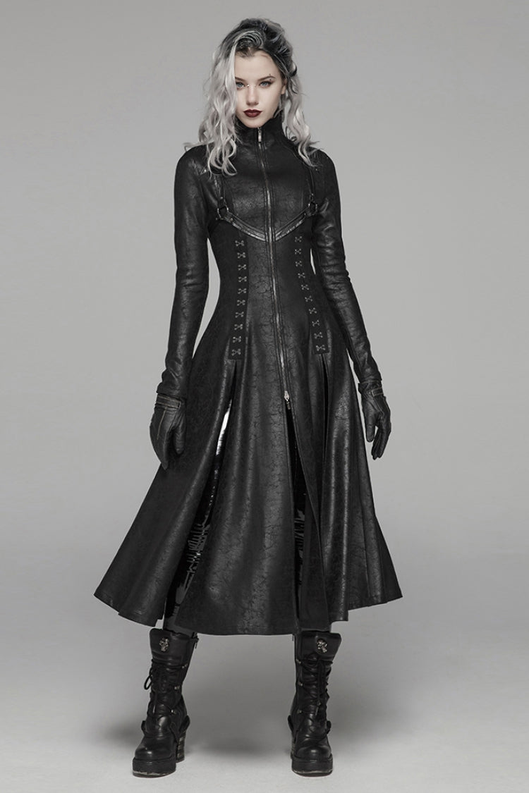 Black Stand Collar Long Sleeves Metal Ring Woven Strap Womens Gothic Long Coat - Product - 4