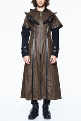 Double Sleeves Steampunk Brown Leather Hooded Mens Long Coat - Brown - 1