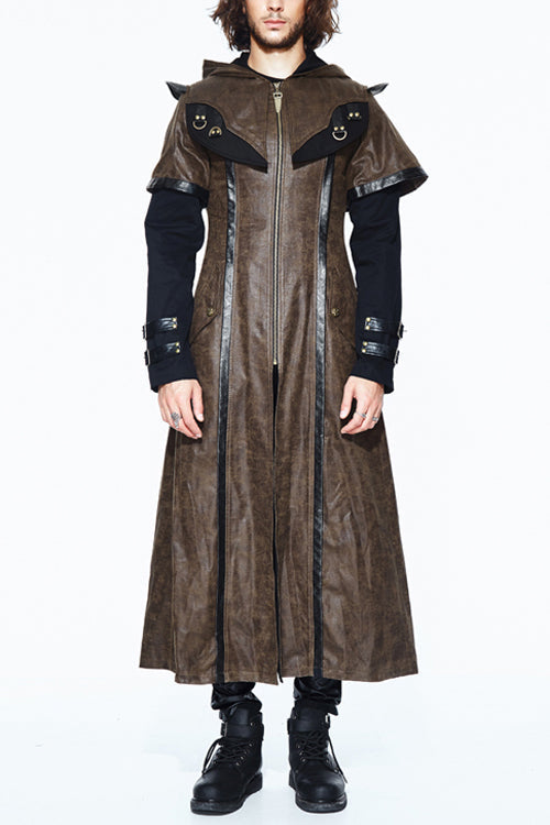 Double Sleeves Steampunk Brown Leather Hooded Mens Long Coat - Brown - 1