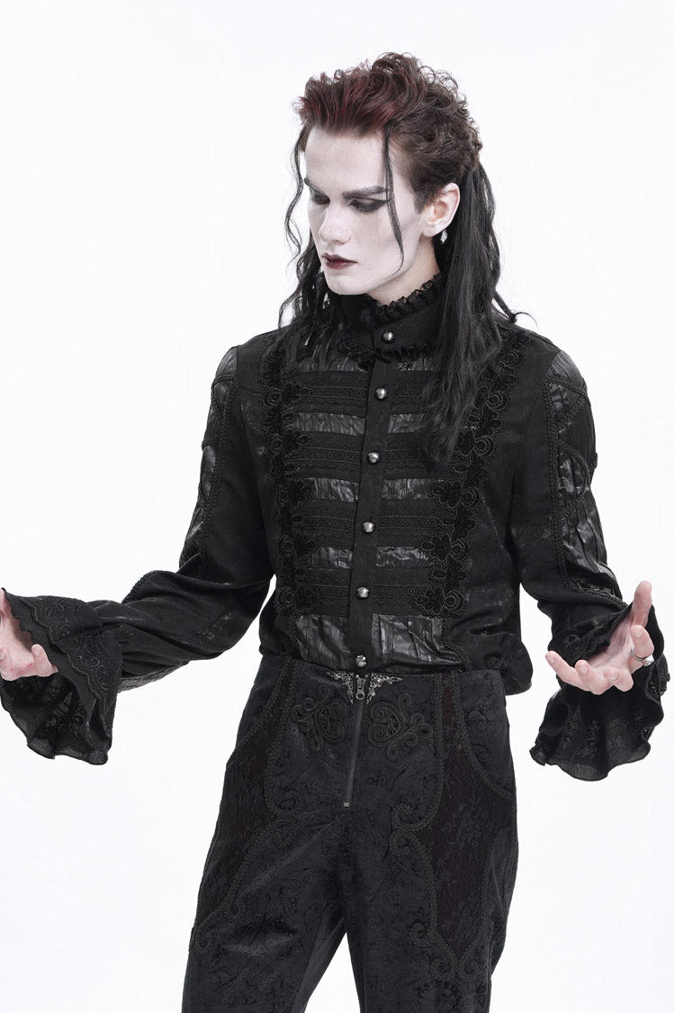 Black Stand Collar Long Sleeves Pleated Lace Crochet Men's Gothic Blouse - Product - 4