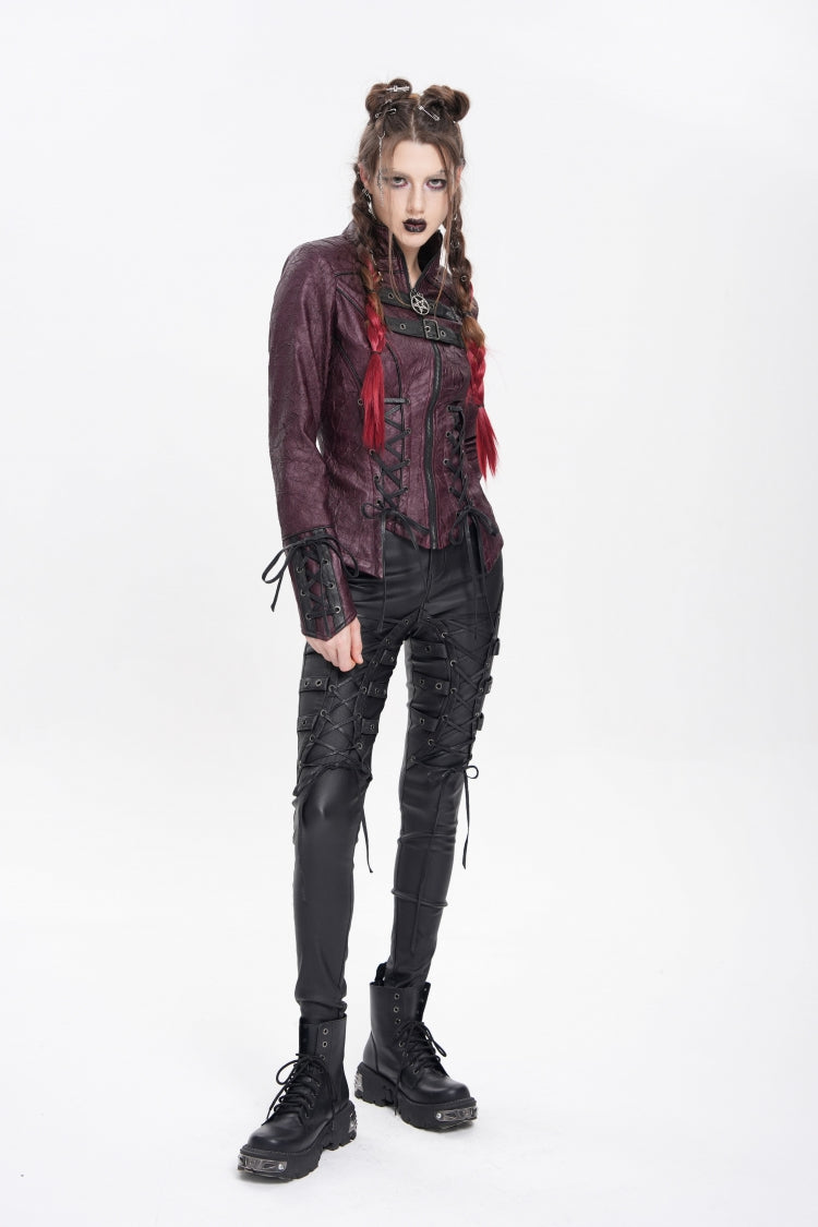 Red Pentacle Lace-Up Buckle Women's Punk Jacket - Product - 11