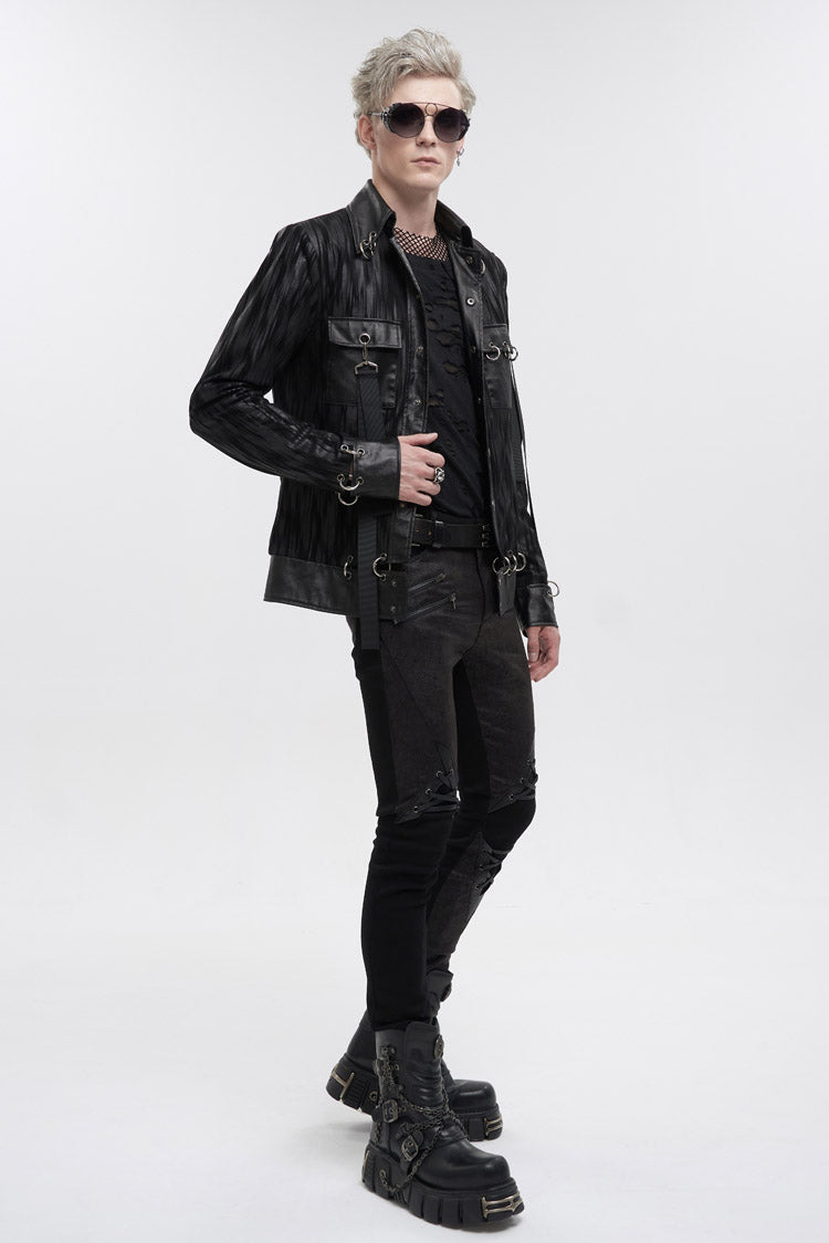 Black Metal Ring Perforated Lapel Lapel Button Handsome Men's Punk Jacket - Product - 5
