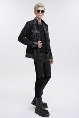 Black Metal Ring Perforated Lapel Lapel Button Handsome Men's Punk Jacket - Product - 5