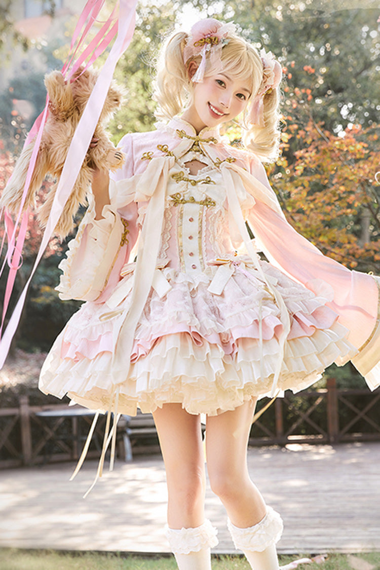 Pink White Pear Dream Multi-layer Ruffle Lace Sweet Chinese Style Princess Lolita Jsk Dress - Pink - 1