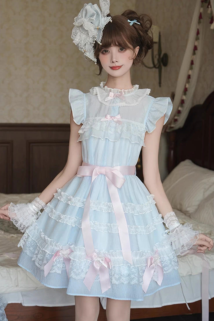 Blue [Frosted Cake] Stand Collar Sleeveless Ruffled Bow Lace Sweet Japanese Princess Lolita Tiered Dress - Product - 6