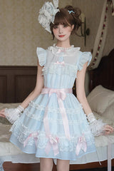 Blue [Frosted Cake] Stand Collar Sleeveless Ruffled Bow Lace Sweet Japanese Princess Lolita Tiered Dress - Product - 6