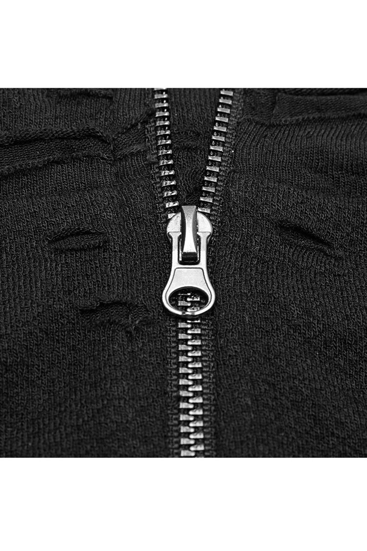 Black Long Sleeve High Collar Front Chest Hollow Out Strap Irregular Hem Broken Holes Splice Mesh Women's Punk T-Shirt - Product - 7