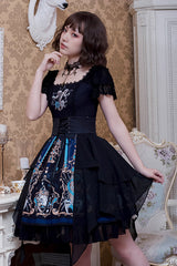 Black Lace Short Sleeve God Redemption Print Gothic Lolita Dress - Product - 2