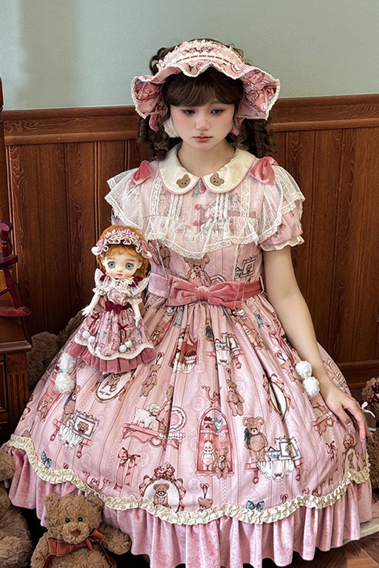 Pink Bear Doll Wall Print Short Sleeves Ruffle Embroidery Bowknot Sweet Lolita Dress - Product - 2