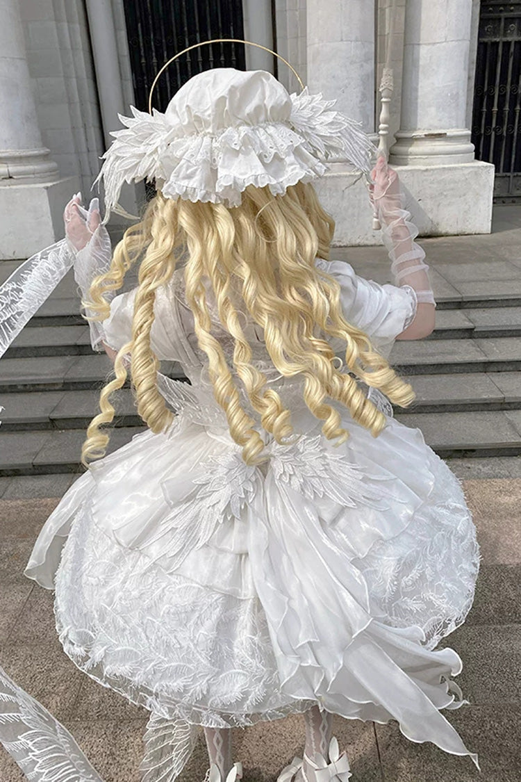 White [Feathers Floating In The Air] Square Collar Flutter Sleeves Embroidered Bow Lace Sweet Lolita Jsk Dress - Product - 10