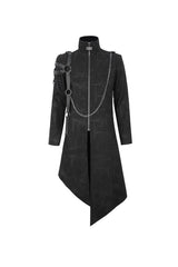 Black Stand Collar Asymmetric Hem Matching Shoulder Strap Long Men's Gothic Coat - Product - 6