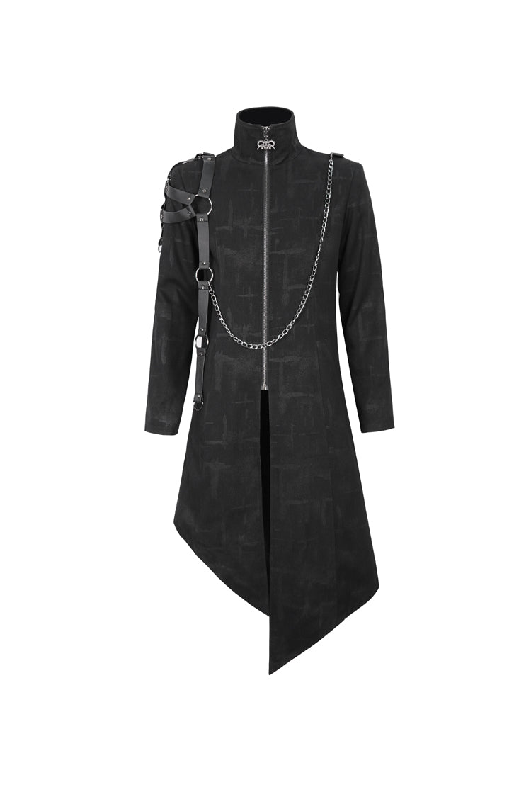 Black Stand Collar Asymmetric Hem Matching Shoulder Strap Long Men's Gothic Coat - Product - 6