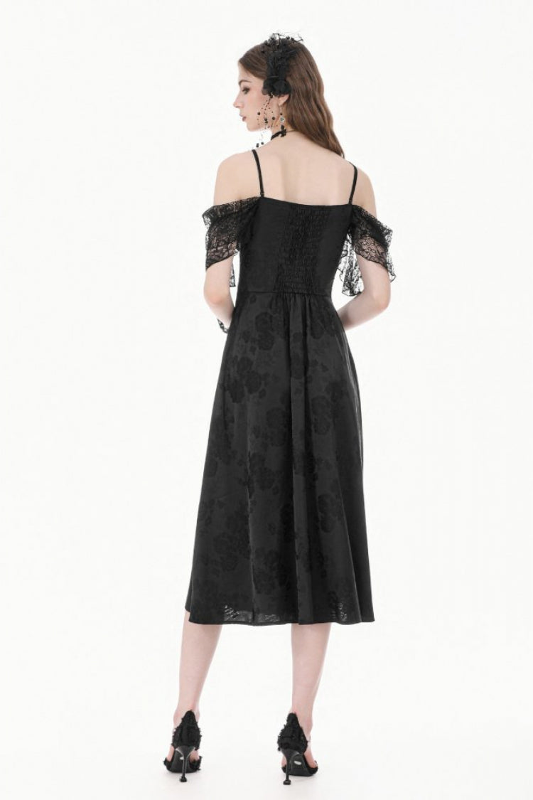 Black Off Shoulder Lace Flutter Sleeves Jacquard Side Corset Lace-Up Women's Gothic Slip Dress - Product - 4