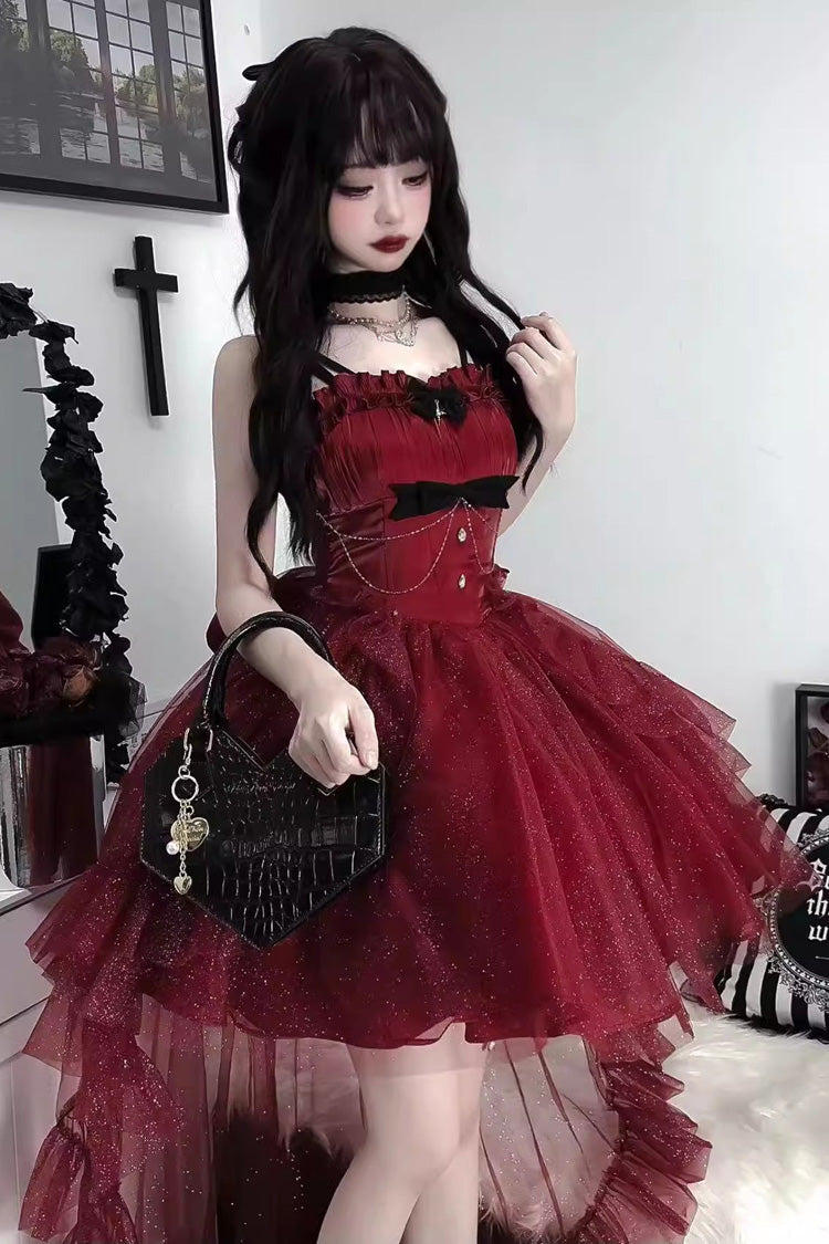 Red Shining Bowknot Irregular Sweet Princess Gorgeous Lolita Jsk Dress (Include Train) - Product - 3