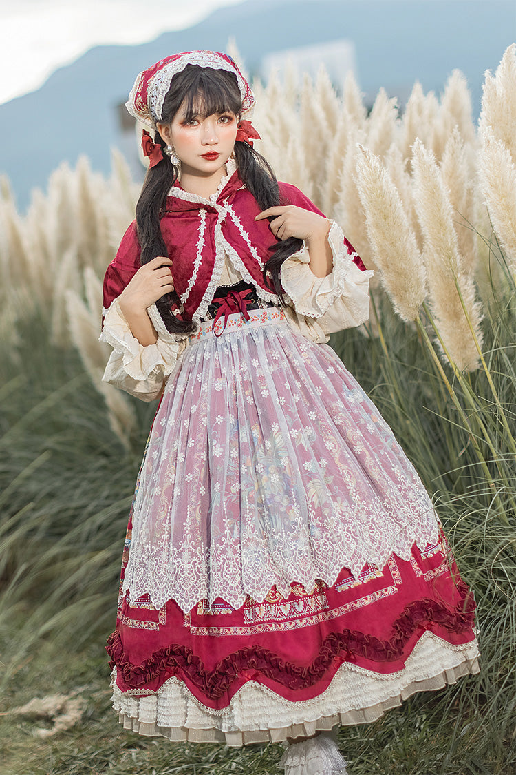 Wine Red [Ode to Plenty] Berries and Birds Print Ruffle Bowknot Velvet Classic Lolita Breast Support Jsk Dress - Product - 11