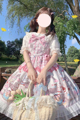 Pink Plush Bear and Doll Print Ruffle Bowknot Lace Sweet Lolita Jsk Dress - Product - 8