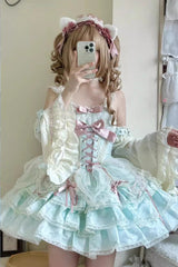 Green Sleeveless Multi-layer Ruffle Bowknot Lace-Up Sweet Princess Lolita Jsk Dress - Product - 6