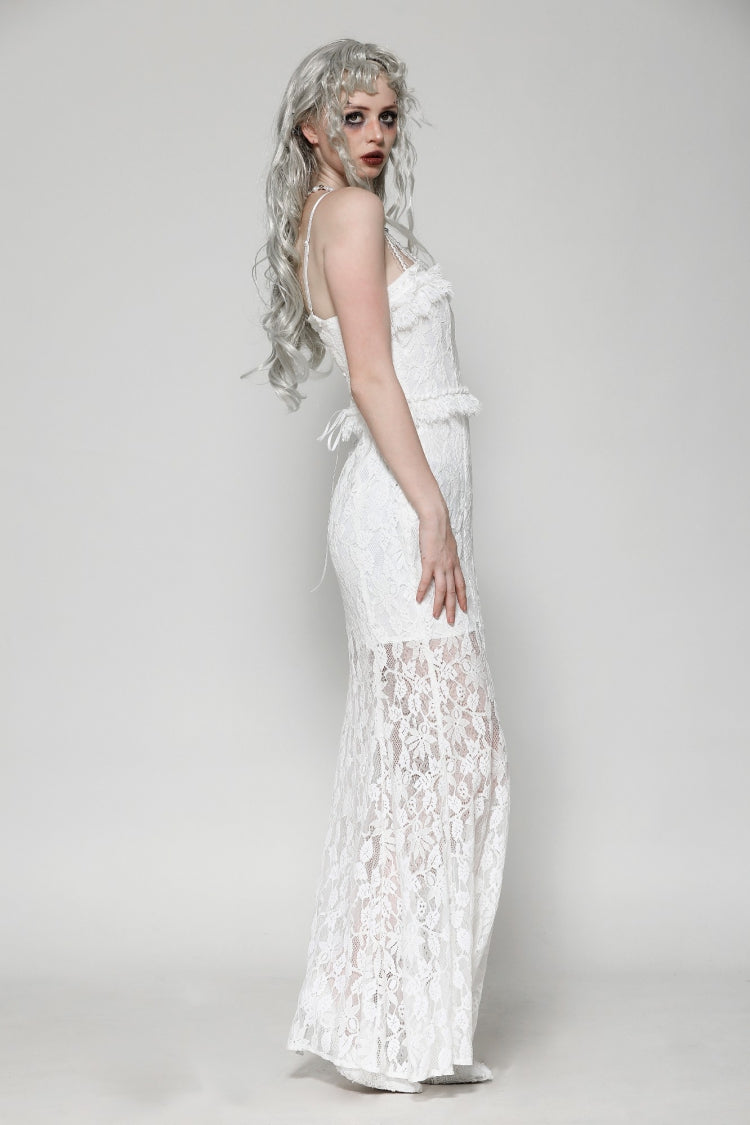 White Sleeveless Pleated Lace Women's Gothic Slip Dress Wedding Dress - Product - 5