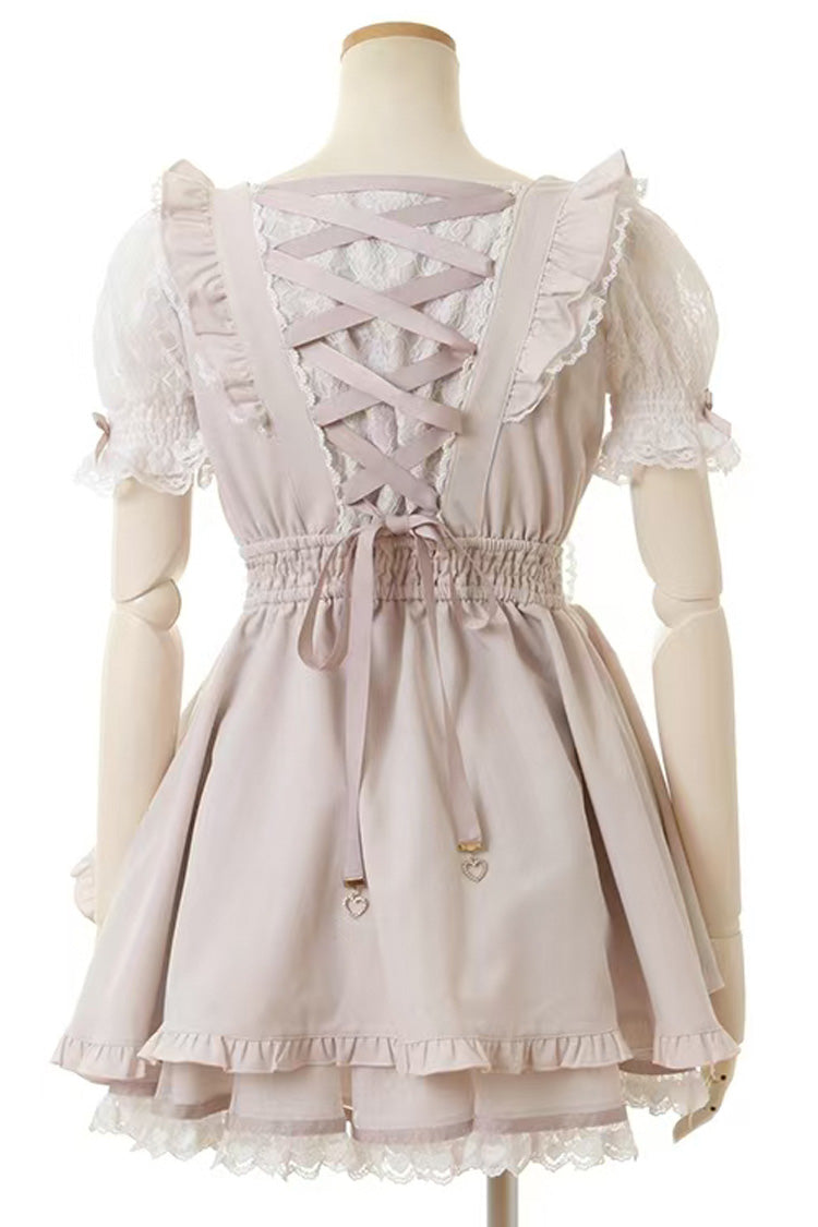Sweet Jirai Kei Square Collar Short Sleeves Ruffle Bowknot Lace Japanese Dress Set 3 Colors - Product - 3