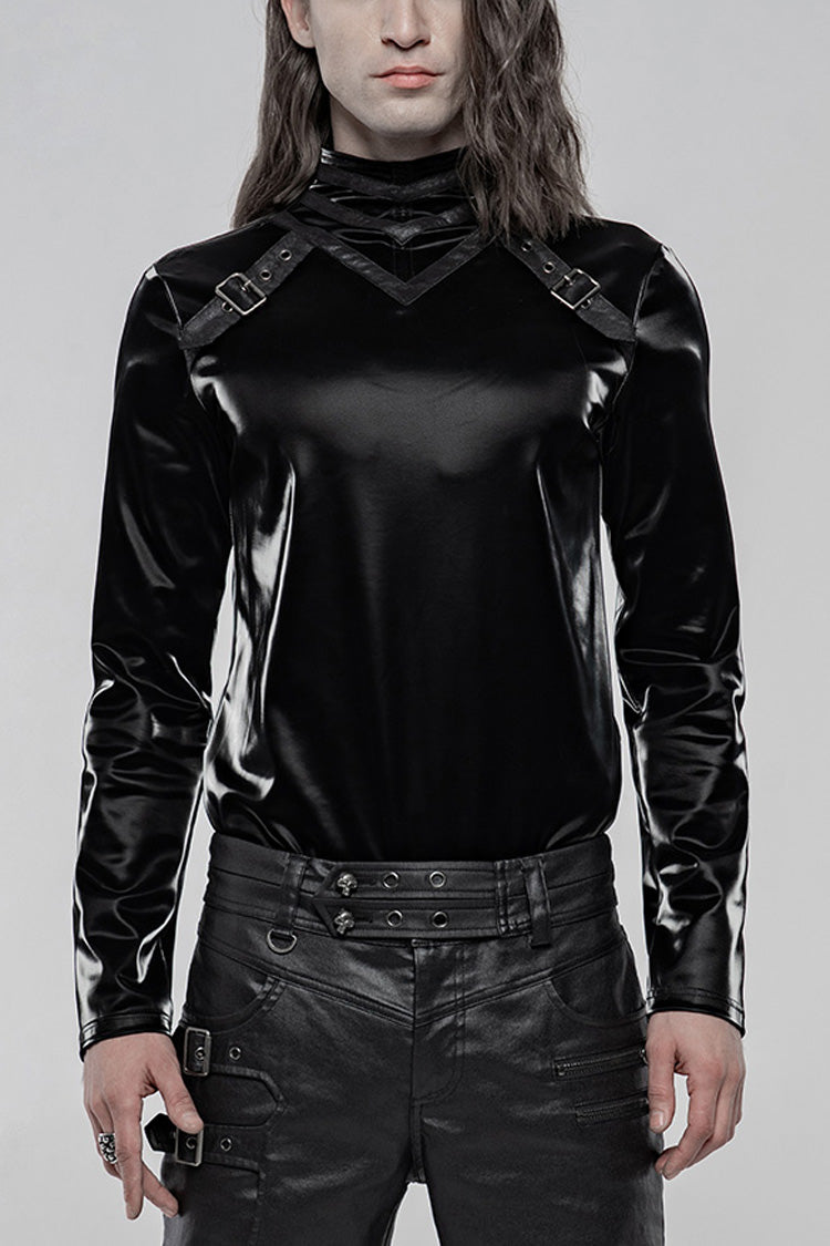 Black High Collar Long Sleeves Imitation Shark Skin Stitching Men's Gothic T-Shirt - Black - 1