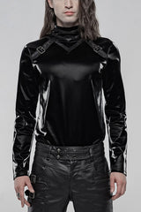 Black High Collar Long Sleeves Imitation Shark Skin Stitching Men's Gothic T-Shirt - Black - 1