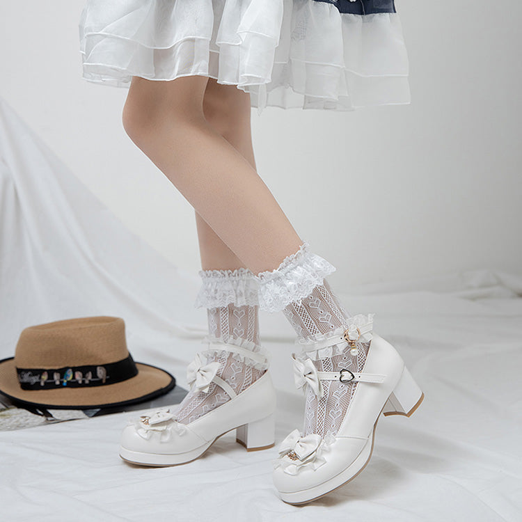 Bowknot White Frills Sweet Lolita High Heel Shoes - Product - 13