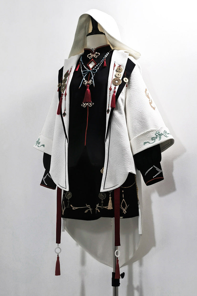 Black/White [Mountain Spirit] Long Sleeves Embroidered Hooded Classic Chinese Inspired Ouji Lolita Shorts Set - Product - 14