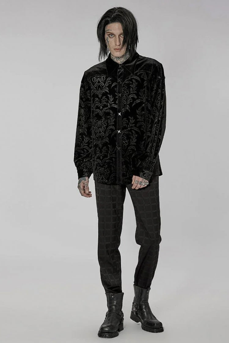 Black Stand Collar Floral Print Stitching Mens Gothic Blouse - Product - 4