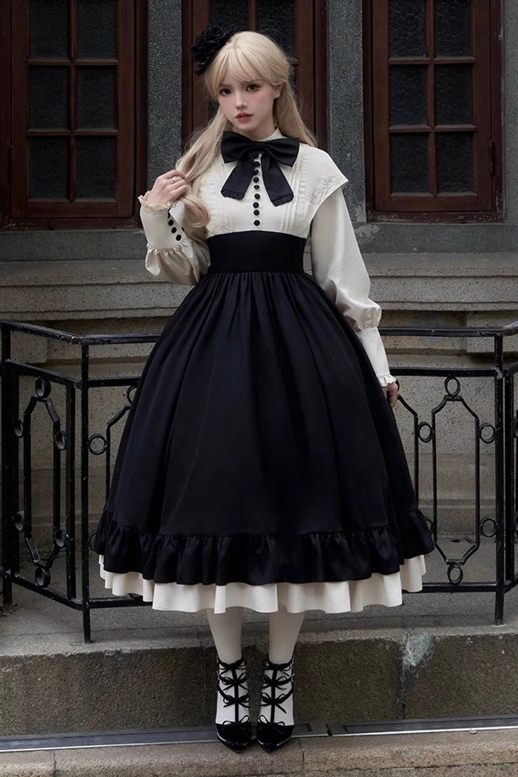 Rose Embroidery Long Sleeves Ruffle Bowknot Fake Two Pieces Elegant Lolita Dress 2 Colors - Product - 9