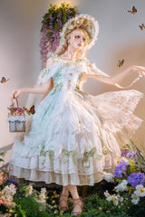 Green [Glazed Phantom] Off Shoulder Ruffle Hanayome Bowknot Lace Sweet Elegant Lolita Dress - Product - 5