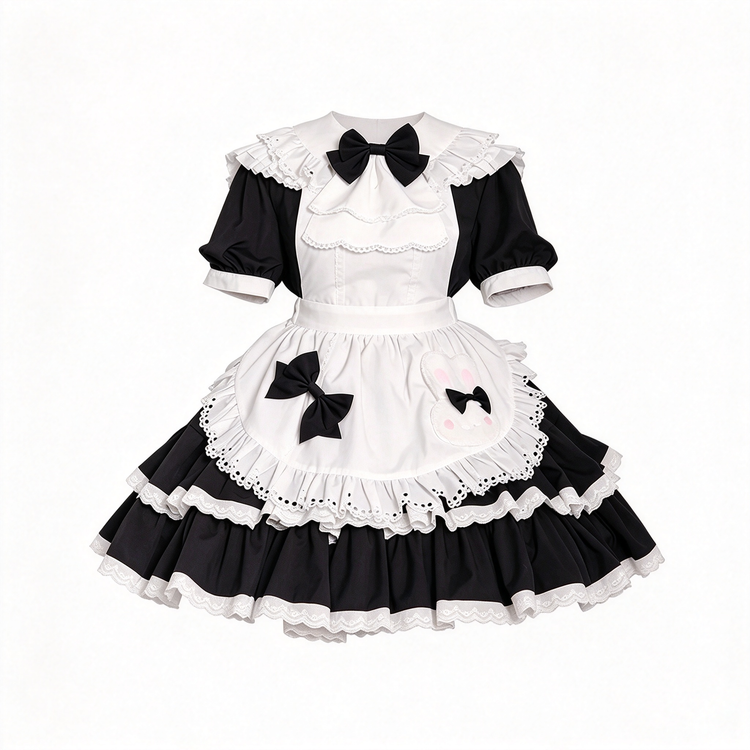 Lolita Style Ruffle Dress with Apron and Bow Accents 商品画像