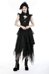 Black Women's Gothic Punk Multi-Layered Irregular Handkerchief Hem Lace Skirt - Product - 9