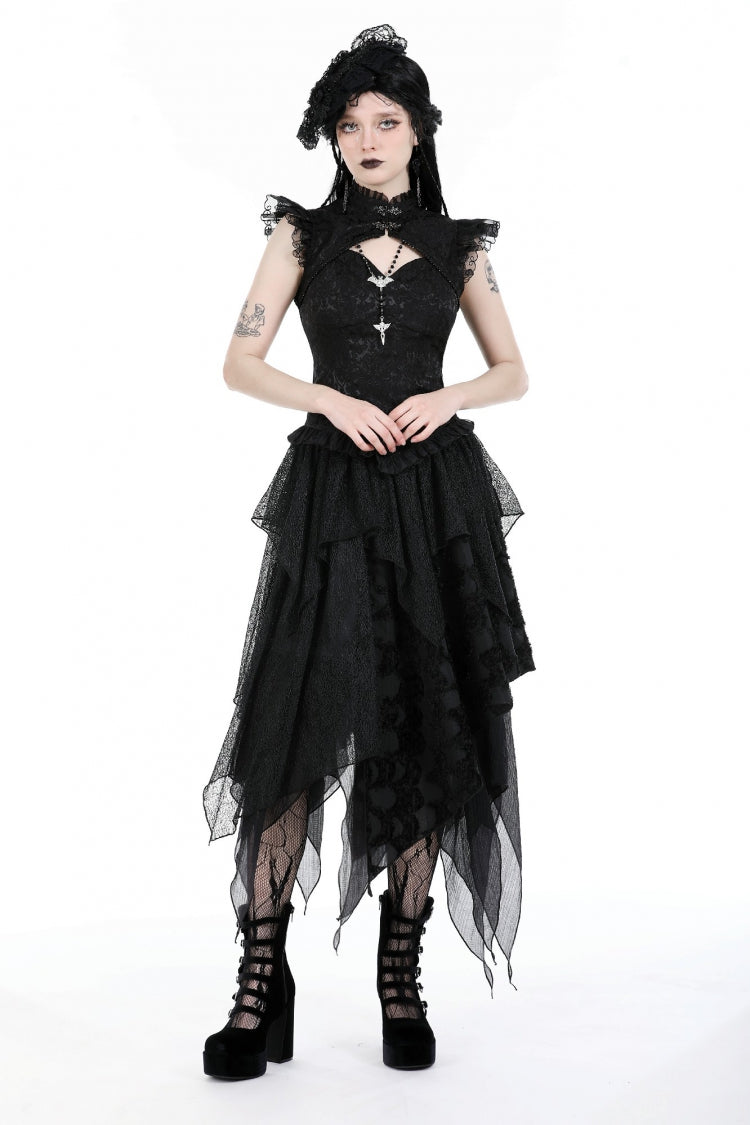 Black Women's Gothic Punk Multi-Layered Irregular Handkerchief Hem Lace Skirt - Product - 9