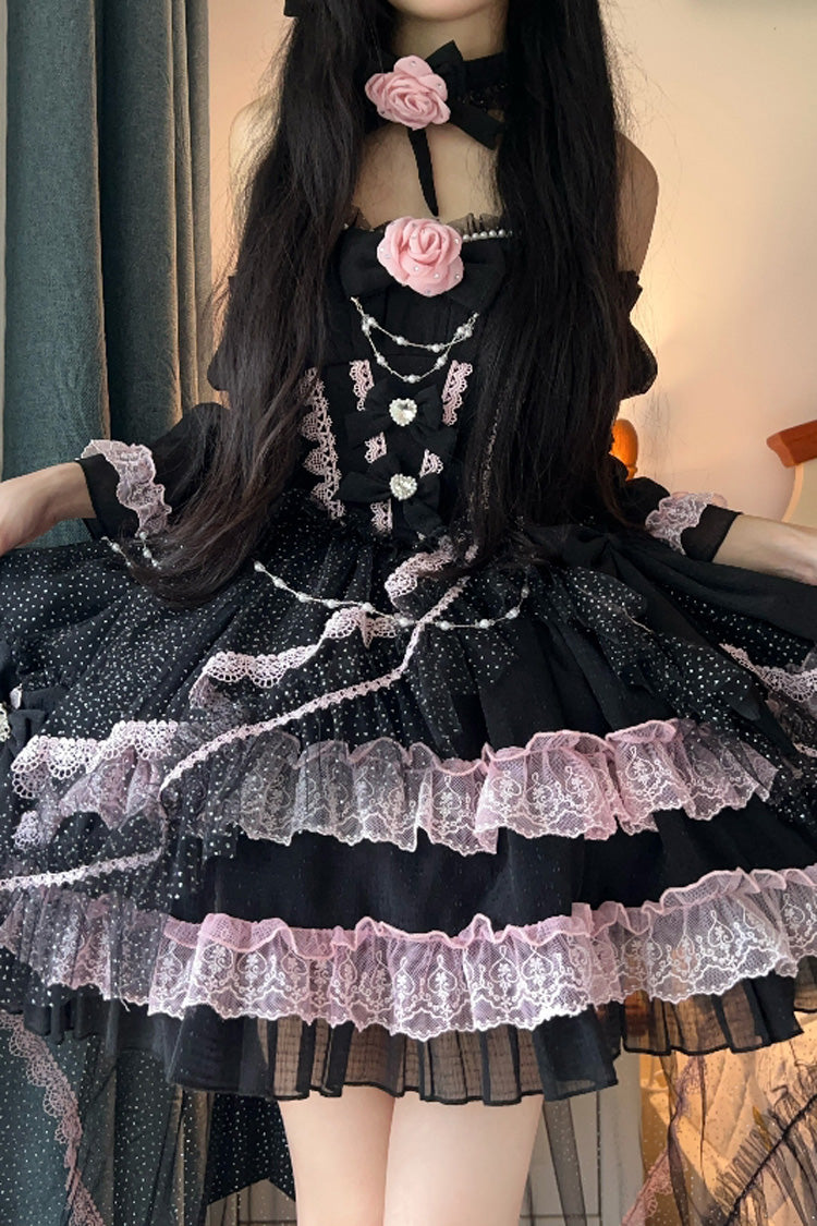 Black/Pink Galaxy Flower Language Multi-Layered Ruffle Bowknot Sweet Lolita Tube Top Dress - Product - 5