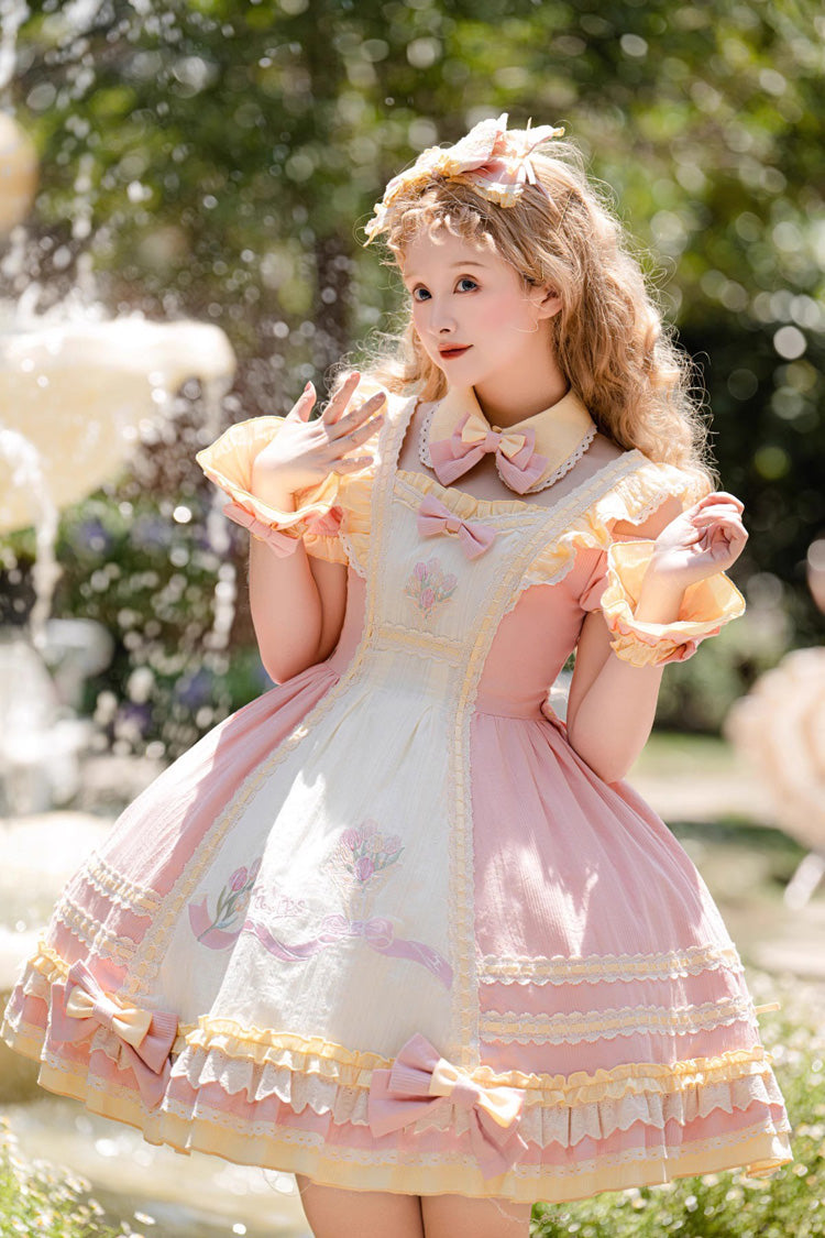 Pink Short Sleeves Tulip Print Ruffle Bowknot Sweet Lolita Dress - Product - 5
