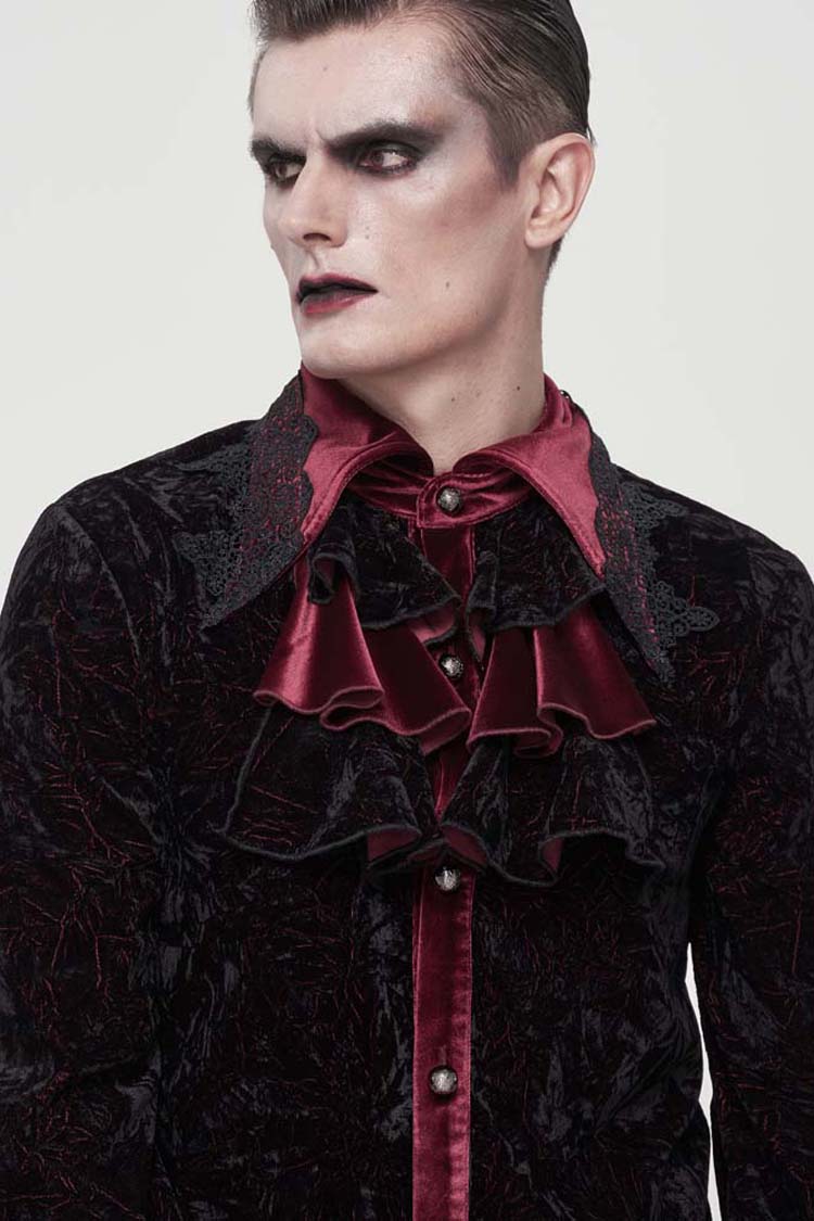 Black/Red Gothic Lace Stand Collar Ruffle Lantern Sleeves Velvet Crack Men's Shirt - Product - 6