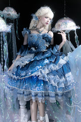 Blue [Jellyfish] Gradient Print Ruffle Embroidery Bowknot Lace Asymmetric Sweet Elegant Lolita Jsk Dress - Product - 13