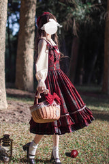Red [Little Red Riding Hood] Double-Layered Plaid Print Ruffle Bowknot Sweet Vintage Lolita Jumper Dress - Product - 9