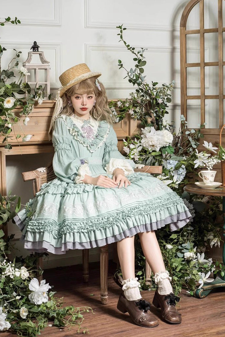 Green Long Sleeves Ruffle Embroidery Bowknot Sweet Plus Size Elegant Lolita Dress - Product - 3