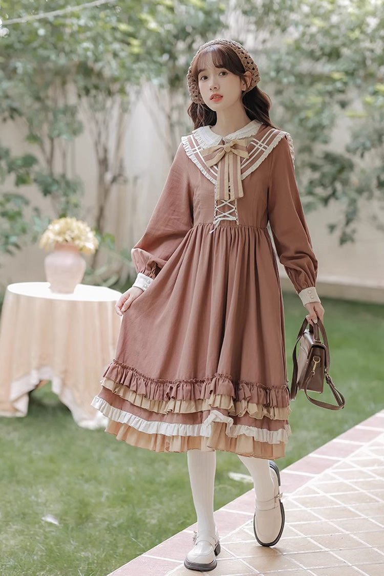 Brown Long Sleeves Multi-layer Ruffle Two Fake Pieces Sweet (Dress Only) detail view 2